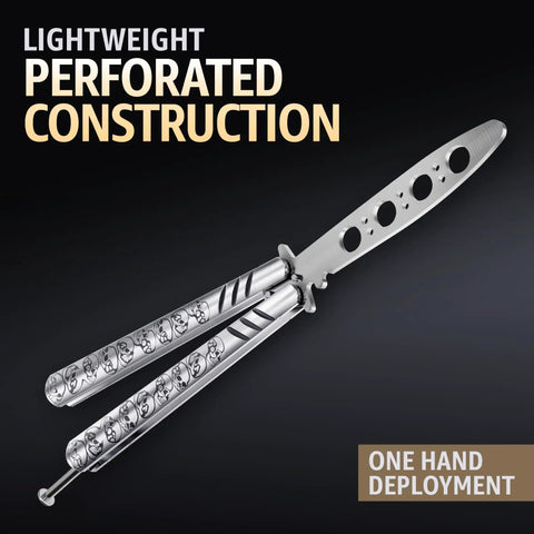 Balisong Trainer Knife Safe Practice Blade With Sure Spring Latch, Silver Stainless Steel Fidget Toy For CSGO Fans, lightweight design