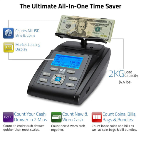 MS40 Bill And Coin Counting Scale For Fast Cash Drawer Counts And Currency Weighing Machine with bills on display