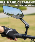 Two Pack Bike Mirrors for Handlebars With Real Glass Flat Lens and Sturdy Aluminum Clamp showing hand clearance on a bike handlebar