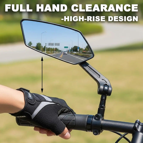 Two Pack Bike Mirrors for Handlebars With Real Glass Flat Lens and Sturdy Aluminum Clamp showing hand clearance on a bike handlebar