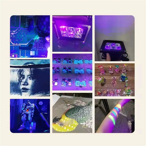 Heavy Duty Led Uv Curing Lamp For Resin 3D Printing Exposure At 365Nm And 395Nm shown curing various projects and materials.