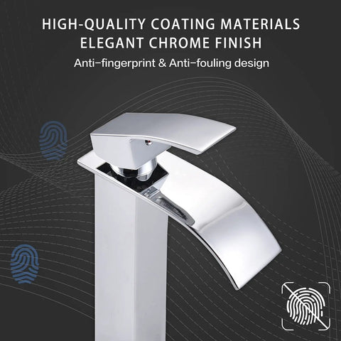 Vessel Sink Faucet Chrome Modern Tall Waterfall Style With Single Handle And One Hole Install For Vanity Bathroom RV Camper And Farmhouse Washroom Dope Splash Free Water Saving Lavatory Faucet with anti-fingerprint design