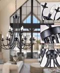 Farmhouse Twelve Light Candle Chandelier Black Wrought Iron Pendant Light 2 Tier Rustic Industrial Ceiling Fixture