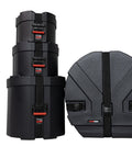 Four Piece Rock Style Drum Case Set Built Like A Tank With Durable Roto Molded Body And Heavy Duty Cinch Straps stacked gear cases.