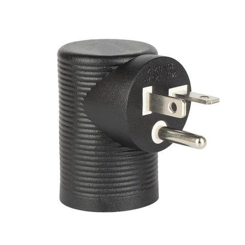 Downward Angled 4 In 1 NEMA 5-20P Power Adapter For NEMA 5-15R 5-20R 6-15R And 6-20R Receptacles on white background