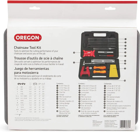 All In One Chainsaw Chain Sharpening Kit with Heavy Duty Hard Case, round and flat files, file guide, depth gauge, accessories visible.