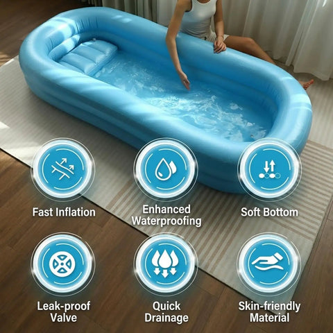 Portable Air Inflatable Bath Tub for Bedridden Patients with Bedside Shower Bag and Electric Air Pump All In One features soft bottom and waterproof design.