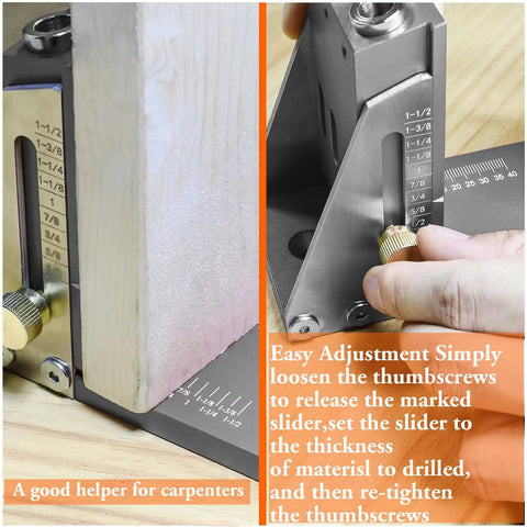 Adjustable All Metal Pocket Hole Jig Kit for DIY Woodworking, Upgraded Dowel Screw Jig Set being calibrated on a workbench.