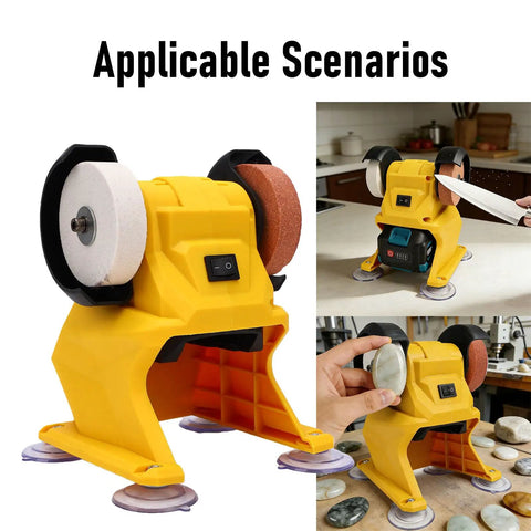 Depisuta Mini Bench Grinder 5500Rpm with dual wheels, showcasing sharpening tools on a countertop for blade maintenance.
