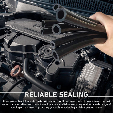 Engines with Six Piece Five Foot Silicone Vacuum Hose Kit For Cars With Six Inner Diameters From One Eighth To Three Eighths Inch Durable Flexible High Performance Auto Vacuum Tubing For Air Intake Boost PCV And More 43 PSI Working Pressure 130 PSI Burst in hand over open engine bay.