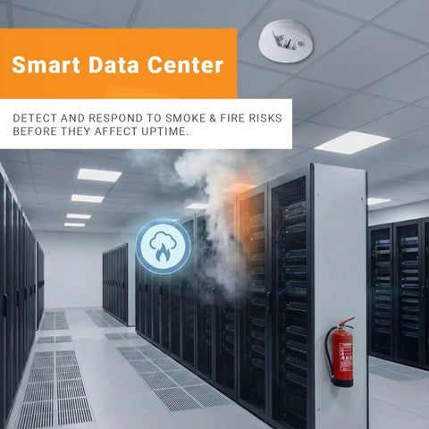 Rugged Wireless LoRaWAN Smoke And Heat Detector With No Fuss Setup And Marathon Battery Life Featuring Slick Cloud Monitoring For Heavy Duty Commercial Sites in a smart data center.