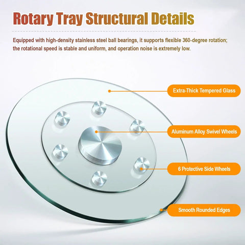 Diagram showing 360 Degree Glass Lazy Susan Turntable with tempered glass and aluminum alloy wheels, detailing structure.