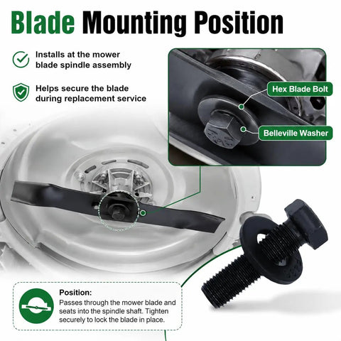 Six Sets Blade Bolts And Belleville Washer Kit For Mower Blade Replacement, 12 Pieces Total, Great Value Replacement For Toro Exmark TimeMaster Recycler, 7/16-20 Thread, installed on mower blade spindle
