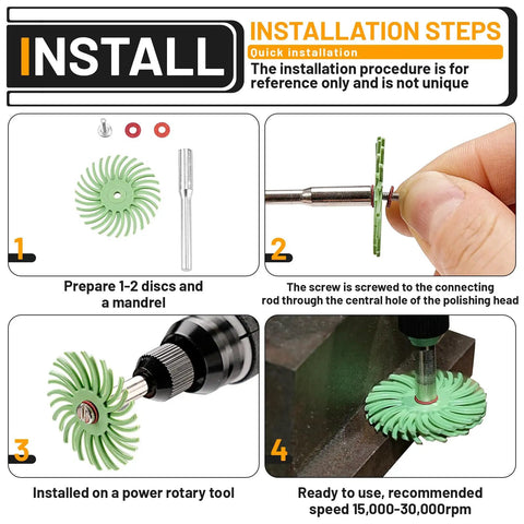 Installation guide for 76 Piece 1 Inch Radial Bristle Disc Kit With One Eighth Inch Shank for rotary tools, step-by-step instructions.