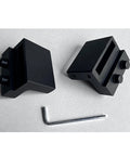 Barn Door Roller Stopper Hardware Set 2Pcs For 41x7mm Flat Track Sliding Doors Black Catches With Wrench To Limit Door Movement Durable Zinc Alloy Construction For Household Home Use, shown with wrench included.