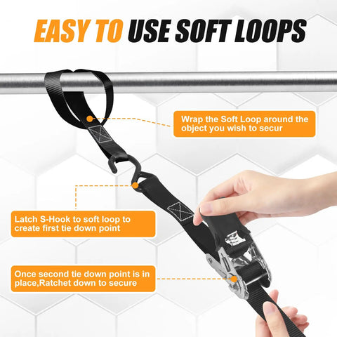 Heavy Duty Self Retracting Ratchet Straps 1500 Lbs Break Strength 1 X 15 Ft with soft loops and S-Hooks shown in use.