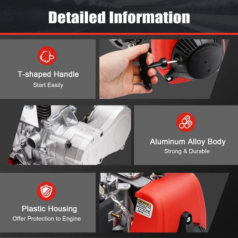 Rock Solid 53cc 4 Stroke Gas Engine Motorized Bicycle Conversion Kit features T-shaped handle, aluminum alloy body, and plastic housing.