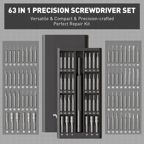 63 In 1 Pro Grade Magnetic Mini Screwdriver Set for electronics repair featuring 62 bits in a compact case