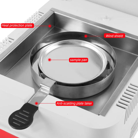 Top Shelf Halogen Moisture Analyzer Featuring Dead Accurate 0.001g Readability And Killer Rs232 Connection For Quick Lab Work Or On Site Checks Anytime showing heat protection plate, wind shield, sample pan, and anti-scalding plate taker.