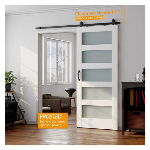 Five Panel Glass Barn Door Kit With Sliding Hardware And Handle Built Tough On MDF Core With Eco Waterproof PVC Veneer In White 30 By 84 Inch