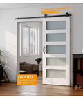 Five Panel Glass Barn Door With Sliding Hardware Kit And Handle Solid MDF Core And Eco Waterproof PVC Veneer White Finish 30x84 Inches installed view in living room