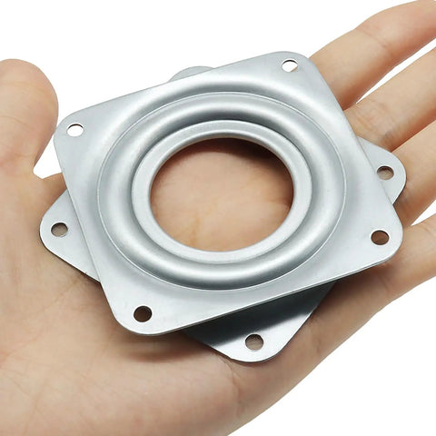 Heavy Duty 3 Inch Lazy Susan Turntable Bearings 2 Pack Smooth Rotating Ball Plates held in hand, showing alloy steel design.
