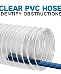 Close-up of Clear PVC Dust Collection Hose 4 Inch By 10 Foot, Puncture-Resistant Flexible Fume Hose With Carbon Steel Wire Coil.