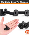 Hella Durable M4 X 15mm 20 Piece Hex Socket Cap Screws Slick 304 Stainless Steel Bolts Fully Threaded With Black Oxide Coating Includes Wrench For Badass Diy Furniture And 3D Printing Projects with various sizes shown.