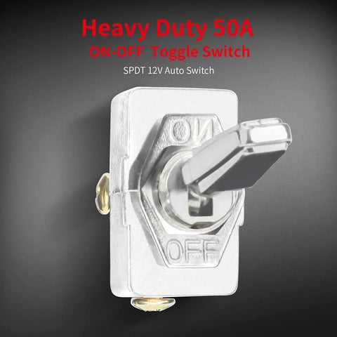Beefy Heavy Duty 50 Amp 12V Rocker Toggle Switch SPST Two Pin Metal Chrome Plated Terminal For Automotive Electrical Use On Off Switch Durable Chrome Plated Housing Pack Of 2, chrome switch close-up