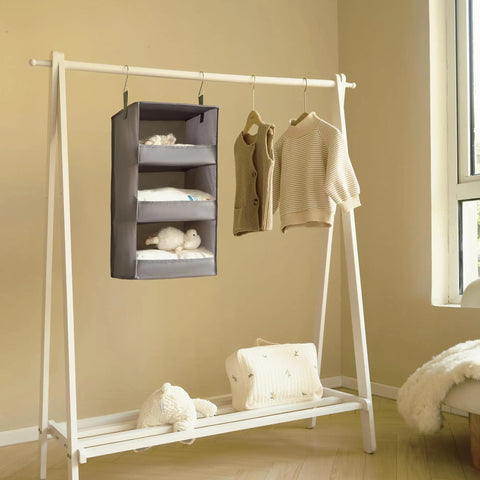 Hella Spacious Three Shelf Hanging Closet Organizer, Foldable Gray Storage Bin For Apartments RV Campers, Straight Up Durable Wardrobe Rack Total Game Changer For Clothes And Accessories