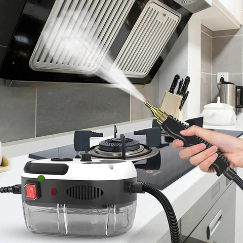 Heavy Duty Handheld Steam Cleaner With 2500W Pressurized High Temp Power blasting steam on a kitchen stovetop for cleaning.