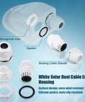 Two Pack Solar Cable Entry Gland Weatherproof Dual Cable Entry Kit For 3mm2 To 10mm2 Wiring In RVs Caravans Marine Boats And Cabins White Includes Screws And Rubber Seals No Fuss Mount Kit For Easy Mounting detailed view with components.