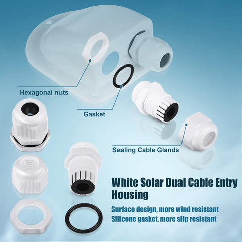 Two Pack Solar Cable Entry Gland Weatherproof Dual Cable Entry Kit For 3mm2 To 10mm2 Wiring In RVs Caravans Marine Boats And Cabins White Includes Screws And Rubber Seals No Fuss Mount Kit For Easy Mounting detailed view with components.