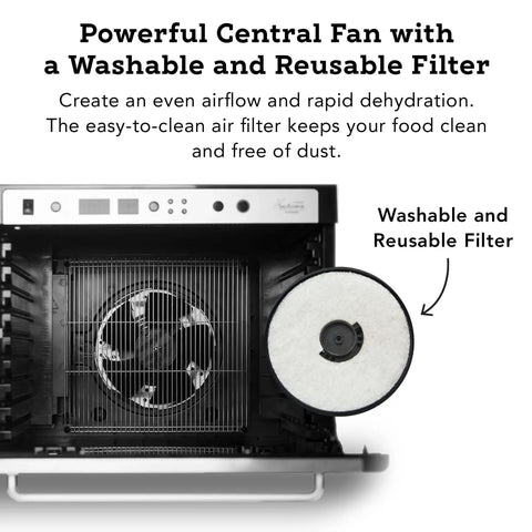 Premium Heavy Duty Digital Food Dehydrator Featuring Stainless Steel Rack Trays And Whisper Quiet Airflow System For Rapid Jerky Fruit Vegetable Nut Drying Hella Smooth Kitchen Essential That Truly Slaps showing powerful fan and filter.