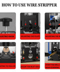 Diagram showing steps to use DualDrive Wire Stripping Machine For Copper Wire 0.06 To 1 Inch Gauge Drill Powered And Hand Crank Tungsten Blade