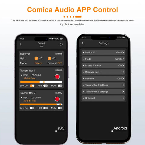 VM40 Your Go-To Dual-Mode Shotgun Microphone app interface showing iOS and Android controls for audio settings.