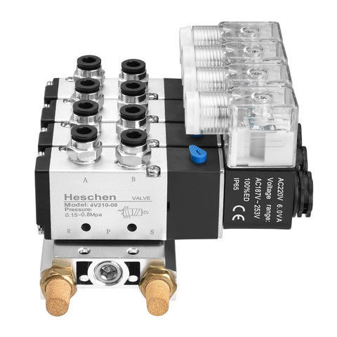 4V210-08 AC220V Pneumatic Solenoid Valve 5 Way 2 Position PT1/4 with base muffler and fittings, industrial use