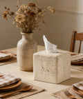 Heavy Resin Tissue Box Cover With Travertine Texture For Home Decor on dining table with vase and napkins
