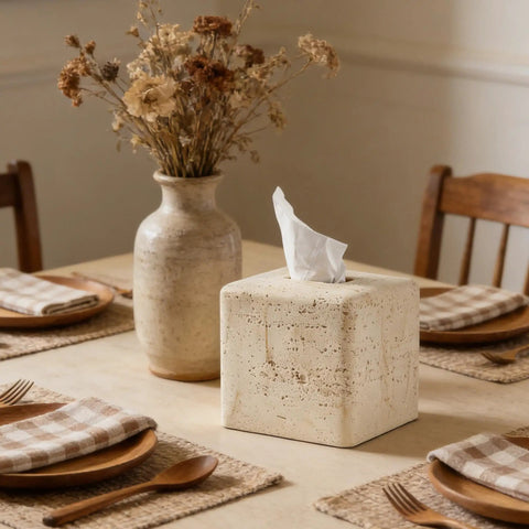 Heavy Resin Tissue Box Cover With Travertine Texture For Home Decor on dining table with vase and napkins