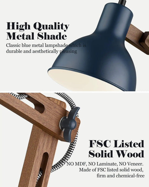 High quality blue metal shade and FSC certified solid wood of the Sapele Wood Desk Lamp With Upgraded Wireless Charger And USB C Port.