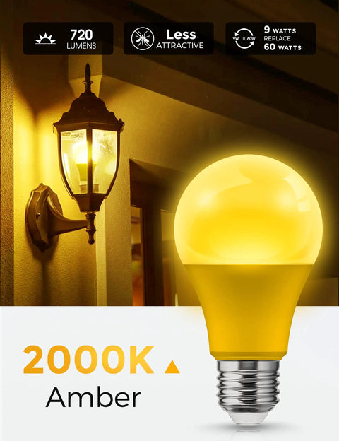 Yellow Outdoor Bug Light Bulbs A19 9W Amber 2000K Not Dimmable E26 Base 60W Equivalent for Patio Deck Backyard Two Pack