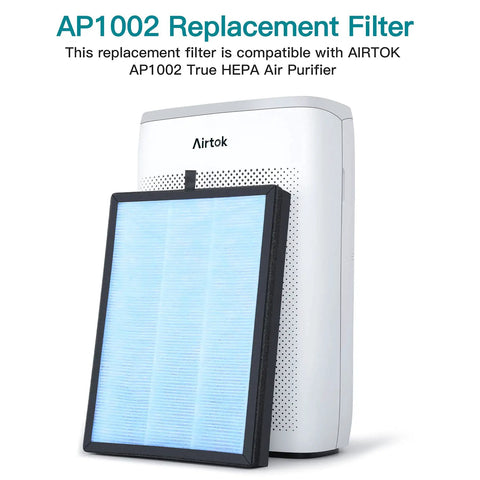 Real Deal AP1002 Replacement Filter For H13 True HEPA Air Purifier with purifier unit and blue filter.