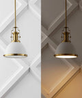 Brass Gold Modern Industrial 10 Inch Pendant Light With White Dome Shade in daylight and lit view for kitchen or entryway