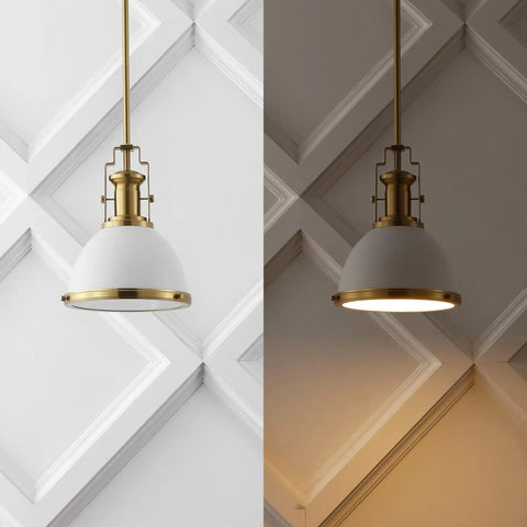 Brass Gold Modern Industrial 10 Inch Pendant Light With White Dome Shade in daylight and lit view for kitchen or entryway