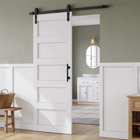 Sliding Barn Door 32 By 84 Inches White MDF With Waterproof PVC Surface 5 Panel Design in a modern home interior