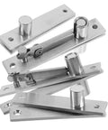 Stainless steel pivot door hinges with 180-degree swing, no-fuss top and bottom mount for hidden compartments and cabinets.