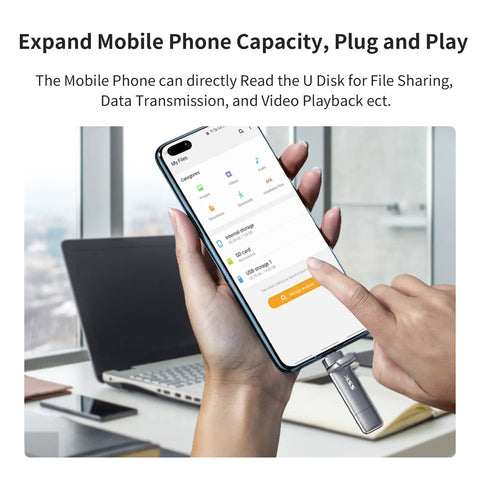 2TB External SSD With Dual USB C And USB A 3.2, Blazing Fast Transfer Up To 550MB/s, Portable Drive For Phones Tablets Laptops And PCs, OTG Ready, Plug And Play, On The Go Storage, connected to a phone