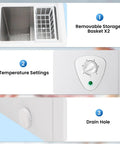 Compact Deep Chest Freezer Featuring 3.5 Cu Ft Capacity And Durable Storage Baskets White Cold Storage Appliance showing removable baskets and drain hole.