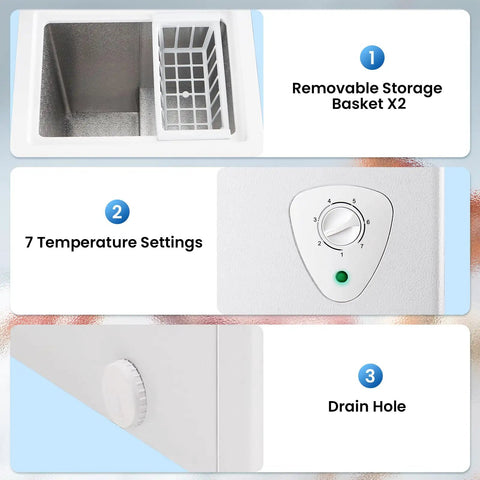 Compact Deep Chest Freezer Featuring 3.5 Cu Ft Capacity And Durable Storage Baskets White Cold Storage Appliance showing removable baskets and drain hole.