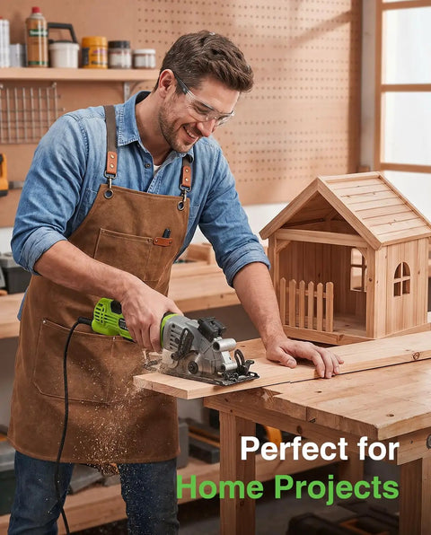 TaskStar 4-1/2 Inch Mini Circular Saw Laser Guide 4.8A Motor 4000 RPM Compact Corded Cutter with saw cutting wood at home.